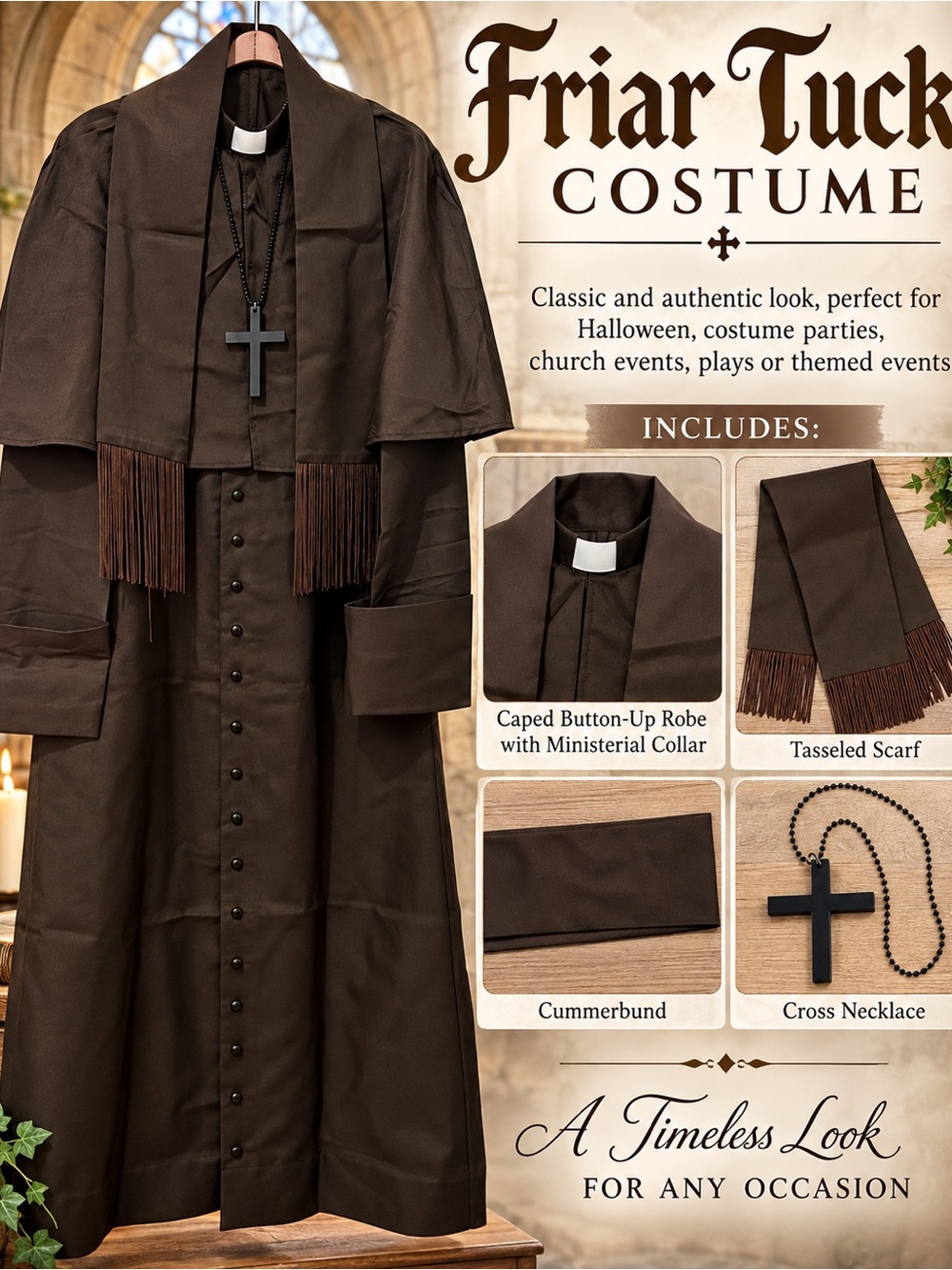 Men's Friar Tuck Costume Robe — Brown Clerical Halloween Outfit NWOT